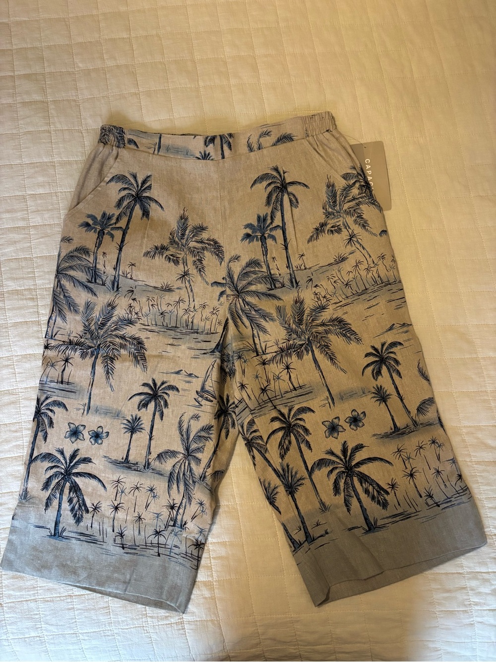 Palm Print Linen Blend Bermuda Shorts in Beige and Navy